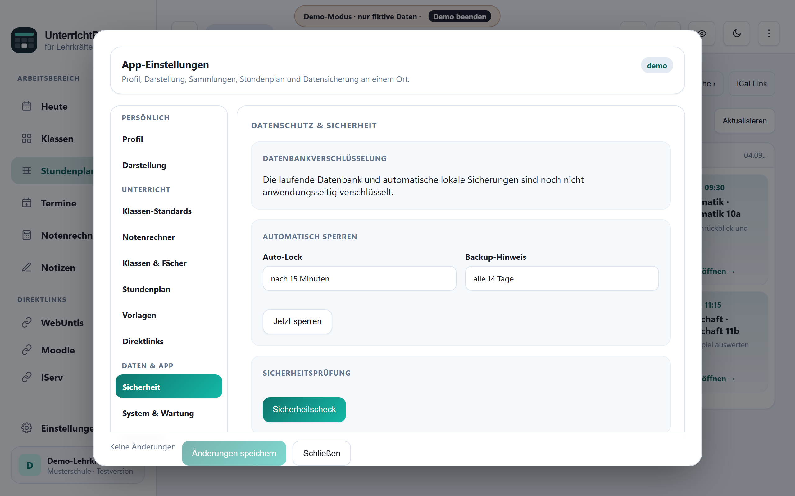 Sicherheits-Einstellungen mit Auto-Sperre und Backup-Hinweis