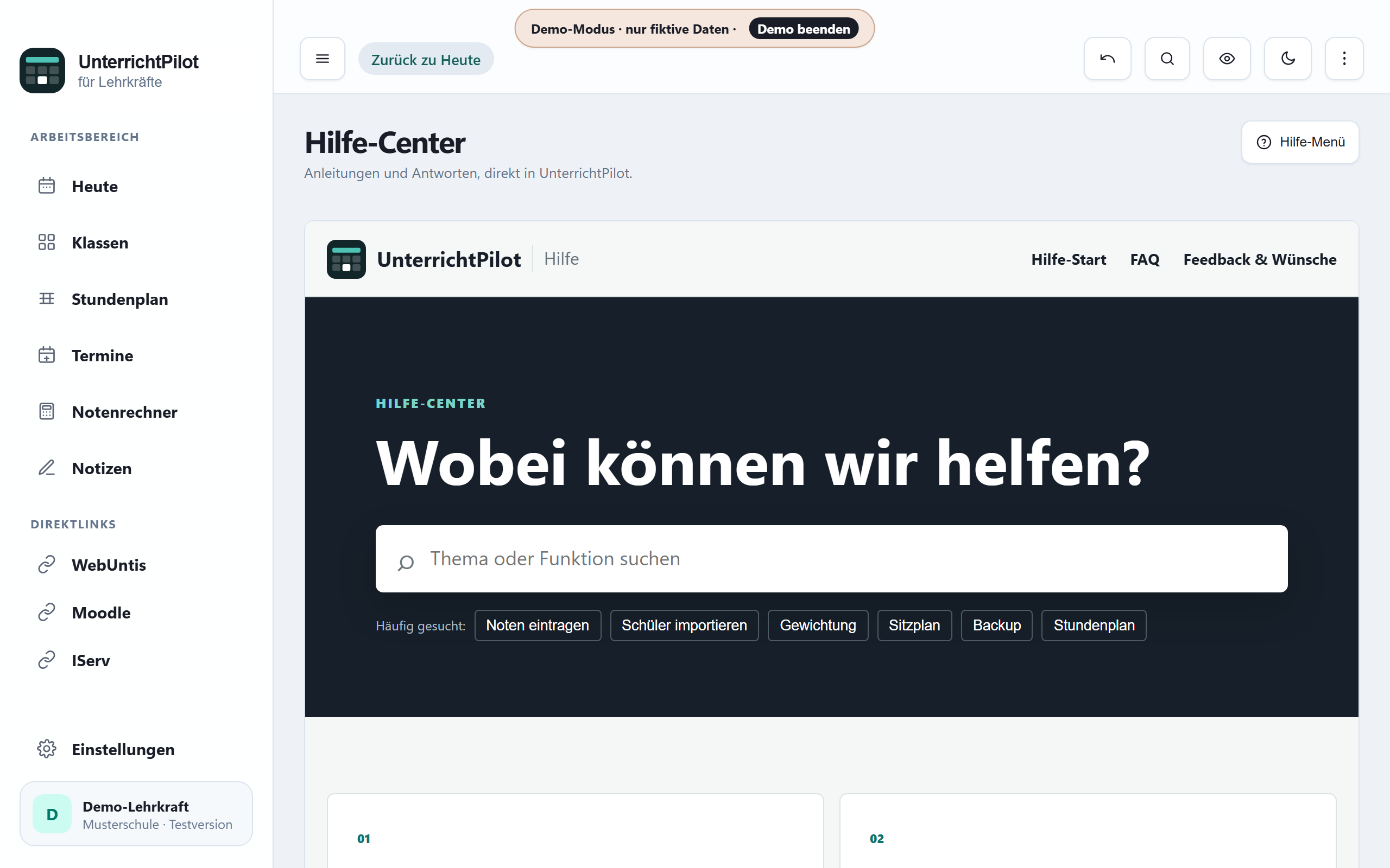 Hilfe-Center innerhalb von UnterrichtPilot